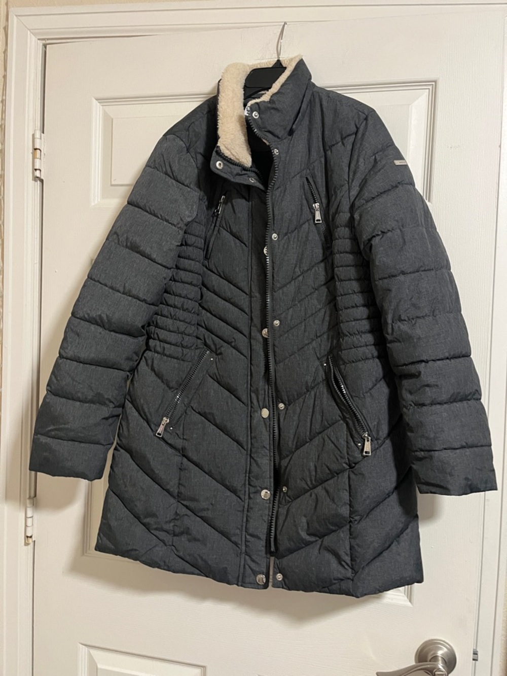 Laundry By Shelli Segal Charcoal Quilted Puffer Coat with Shearling Trim